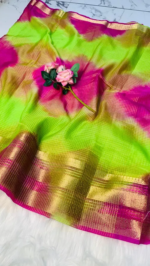 Branded Pure Soft Organza Checks Saree with Batik Print & Jacquard Border – Elegance with Sequin Sparkle